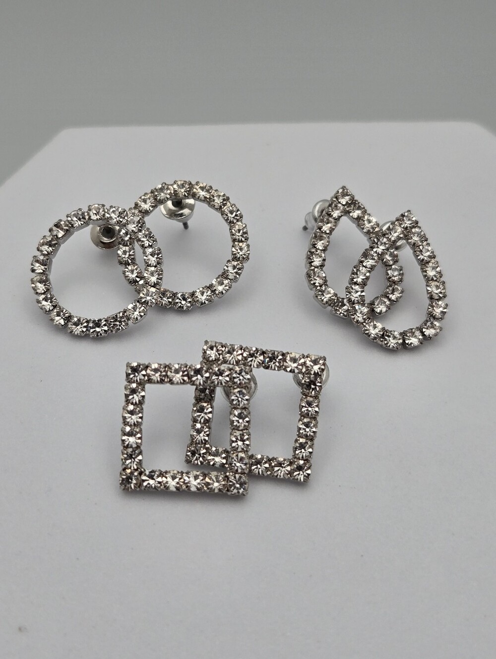 3 Pair Silver Tone Rhinestone Geometric Earrings Circle Teardrop Square New